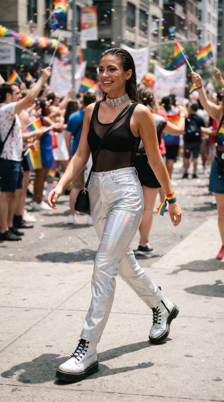 Confident woman in high-waisted holographic silver pants reflecting rainbow colors with a black mesh bodysuit and platform boots