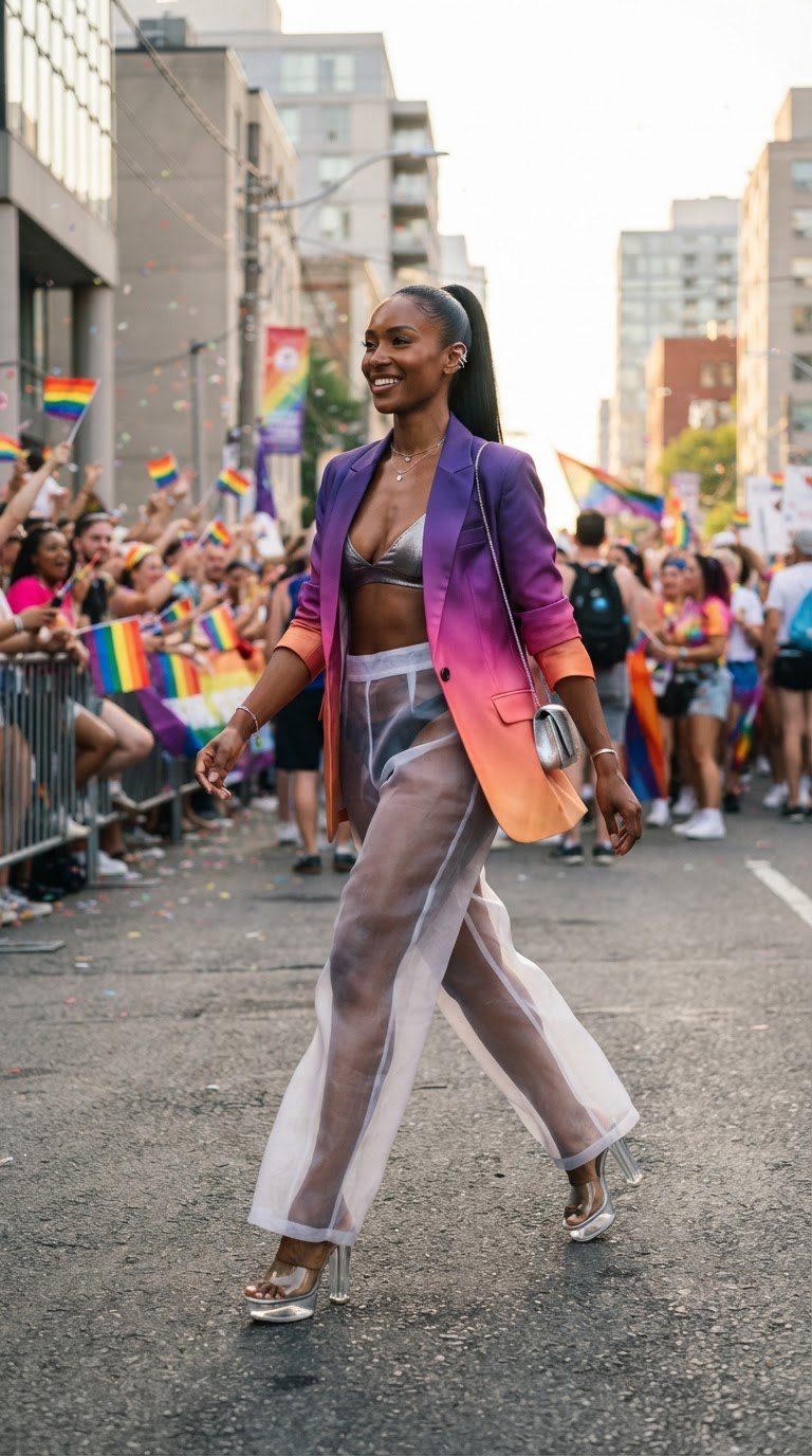 Woman in a gradient violet-to-orange silk blazer with sheer organza trousers walking confidently down a sunlit city street during pride parade