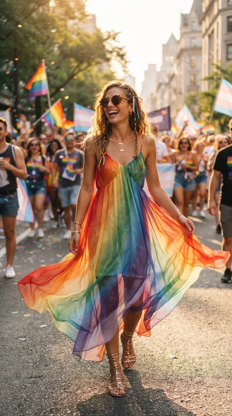 Woman in a flowing rainbow watercolor gradient chiffon maxi dress with gold gladiator sandals on a tree-lined boulevard