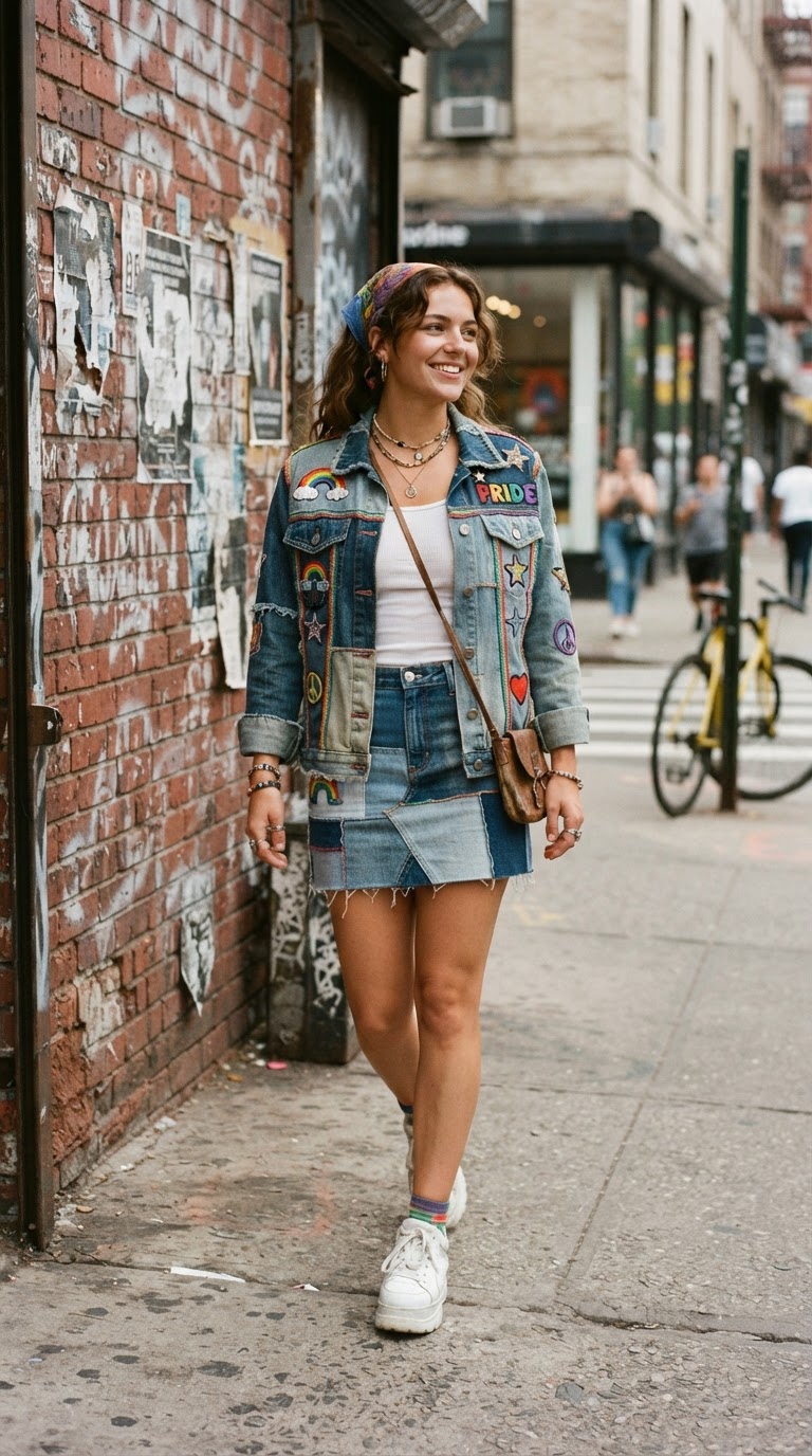 Woman in a multi-tonal patchwork denim jacket with rainbow stitching and a matching mini skirt against a brick wall