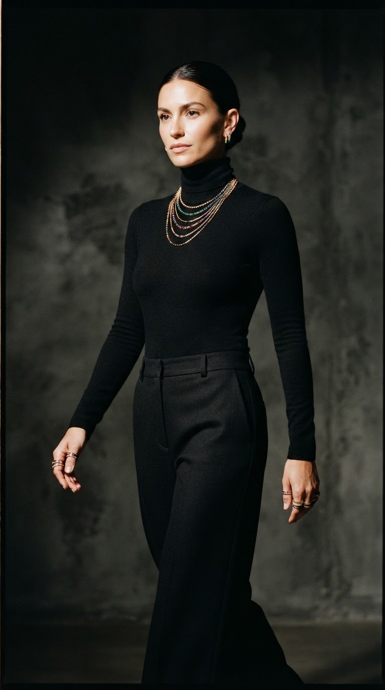Woman in an all-black sleek outfit elevated by layered rainbow gemstone jewelry under moody studio lighting