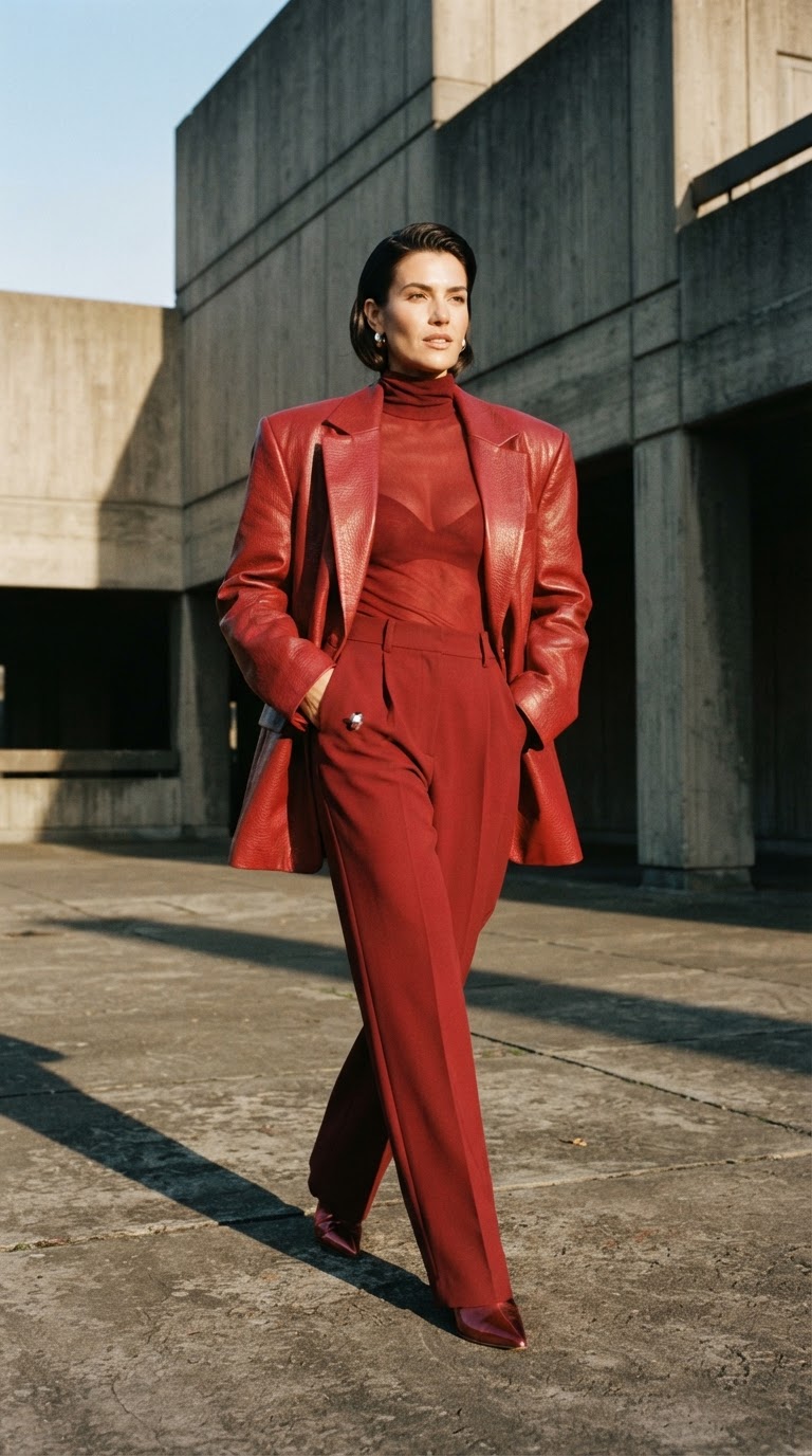 Woman in a crimson oversized faux-leather blazer and sheer red turtleneck standing against a grey concrete wall