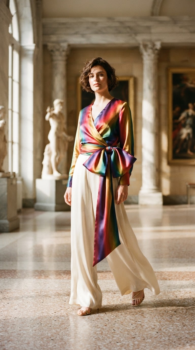 Woman in a multi-colored satin wrap blouse with a dramatic side bow and cream wide-leg silk trousers in a marble gallery
