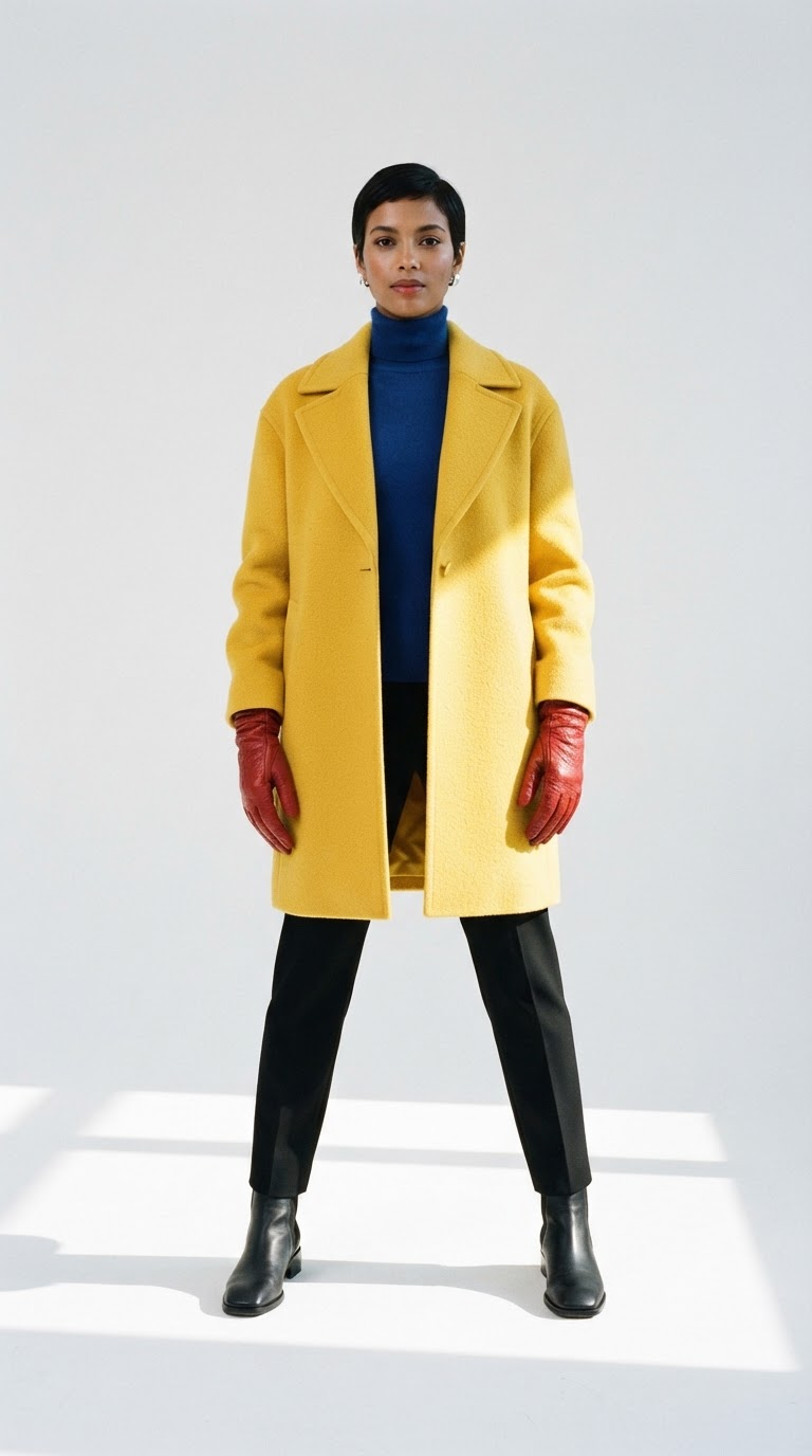Woman wearing a primary yellow structured coat over a royal blue turtleneck with red leather gloves in a minimalist studio