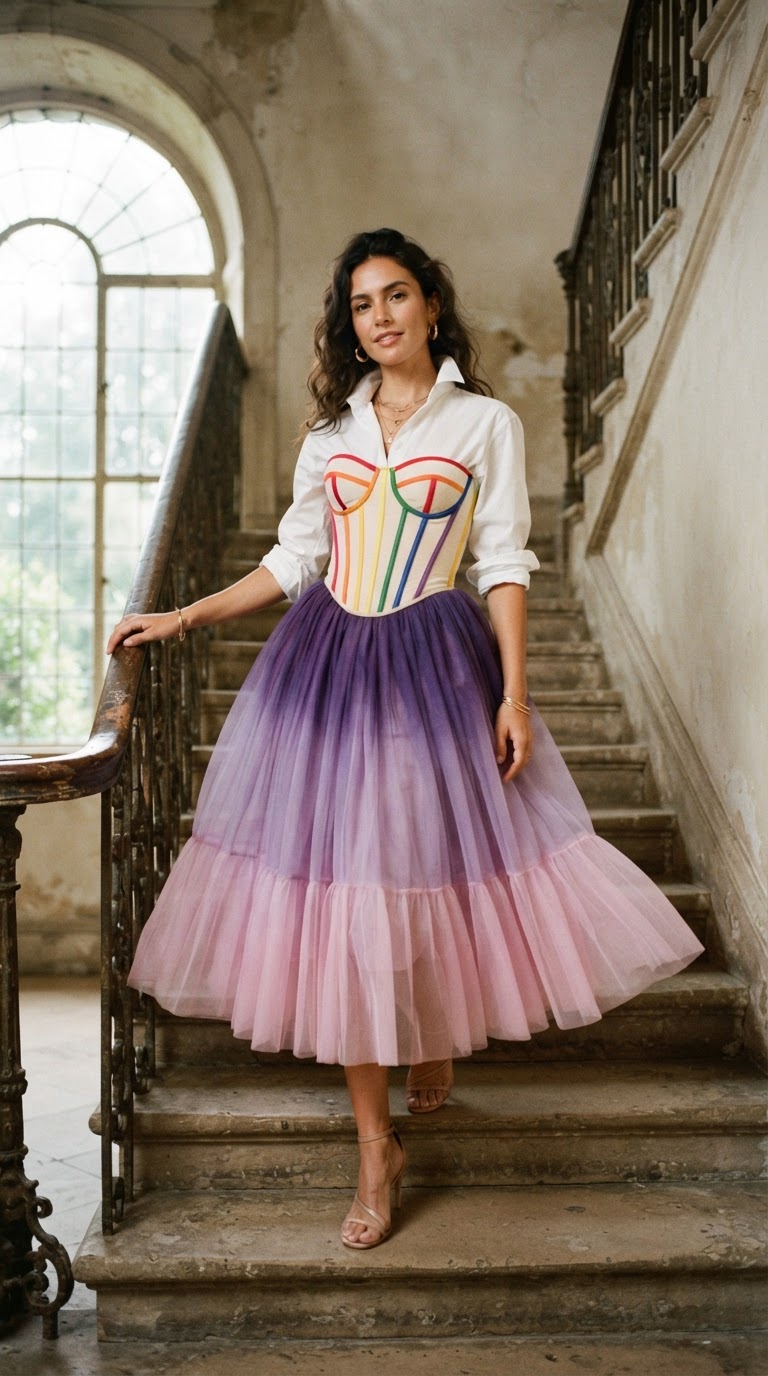 Woman in a rainbow-boned corset over a white shirt with a violet-to-pink gradient tulle midi skirt on a dramatic staircase