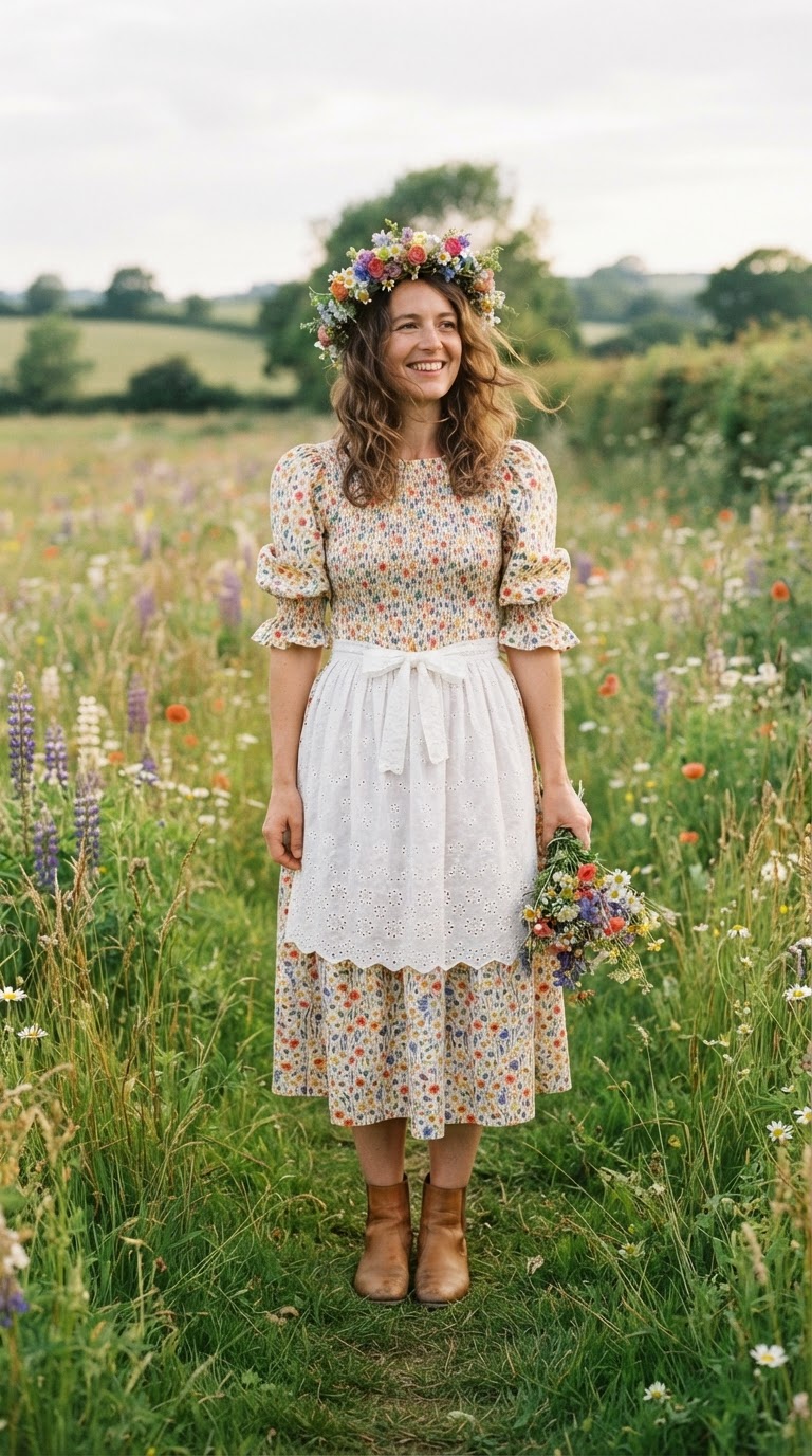 Woman in a smocked floral dress with tiny rainbow wildflower print, puff sleeves, and a woven flower crown in a sunlit meadow