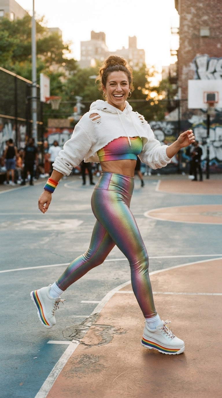 Woman in a rainbow gradient sports bra under a cropped white hoodie with iridescent leggings on an urban basketball court