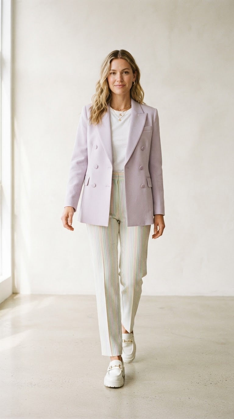 Woman wearing a pale lavender double-breasted blazer with pastel pinstripe trousers and white platform loafers