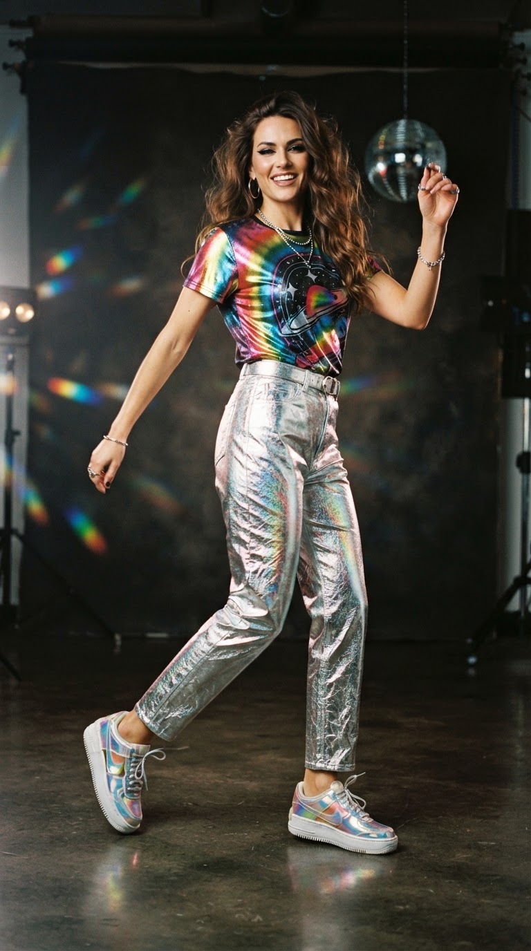 Woman in silver metallic trousers and a rainbow foil-print tee with iridescent sneakers under prismatic studio lighting