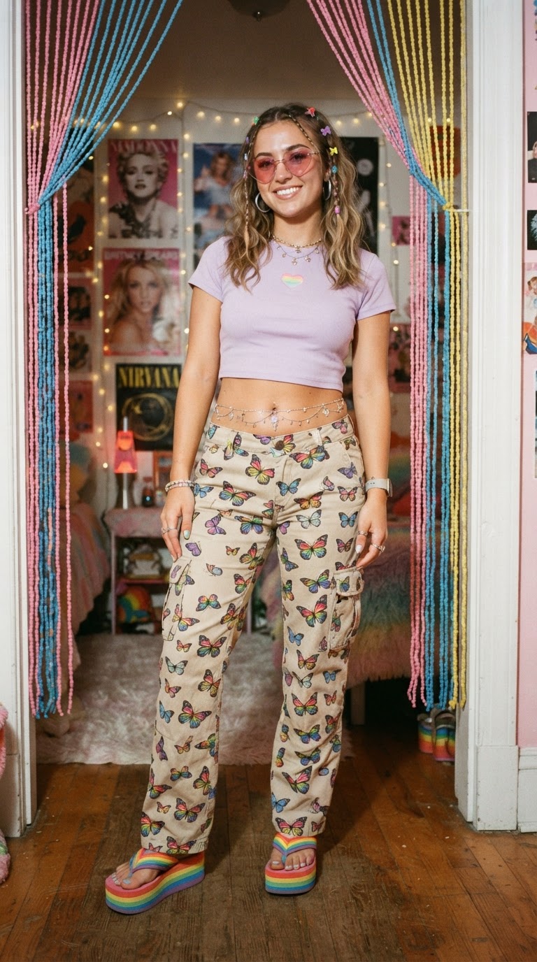 Woman in low-rise rainbow butterfly-print cargo pants and a cropped lilac baby tee with heart-shaped sunglasses in a retro interior