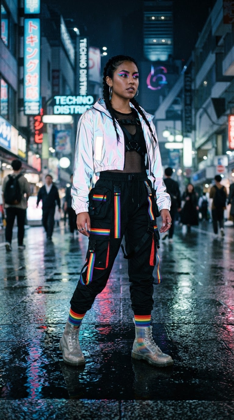 Woman in black cargo pants with neon rainbow straps and a reflective windbreaker on wet pavement at night