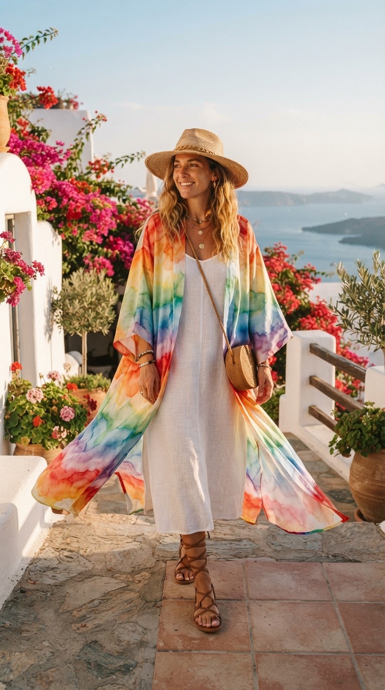Woman in a flowing floor-length watercolor rainbow kimono robe over a white linen dress on a Mediterranean terrace