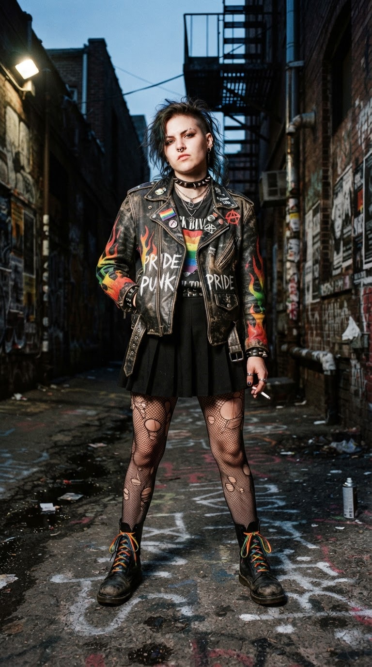 Woman in a black leather moto jacket with hand-painted rainbow flames, fishnet stockings, and combat boots in a gritty alleyway