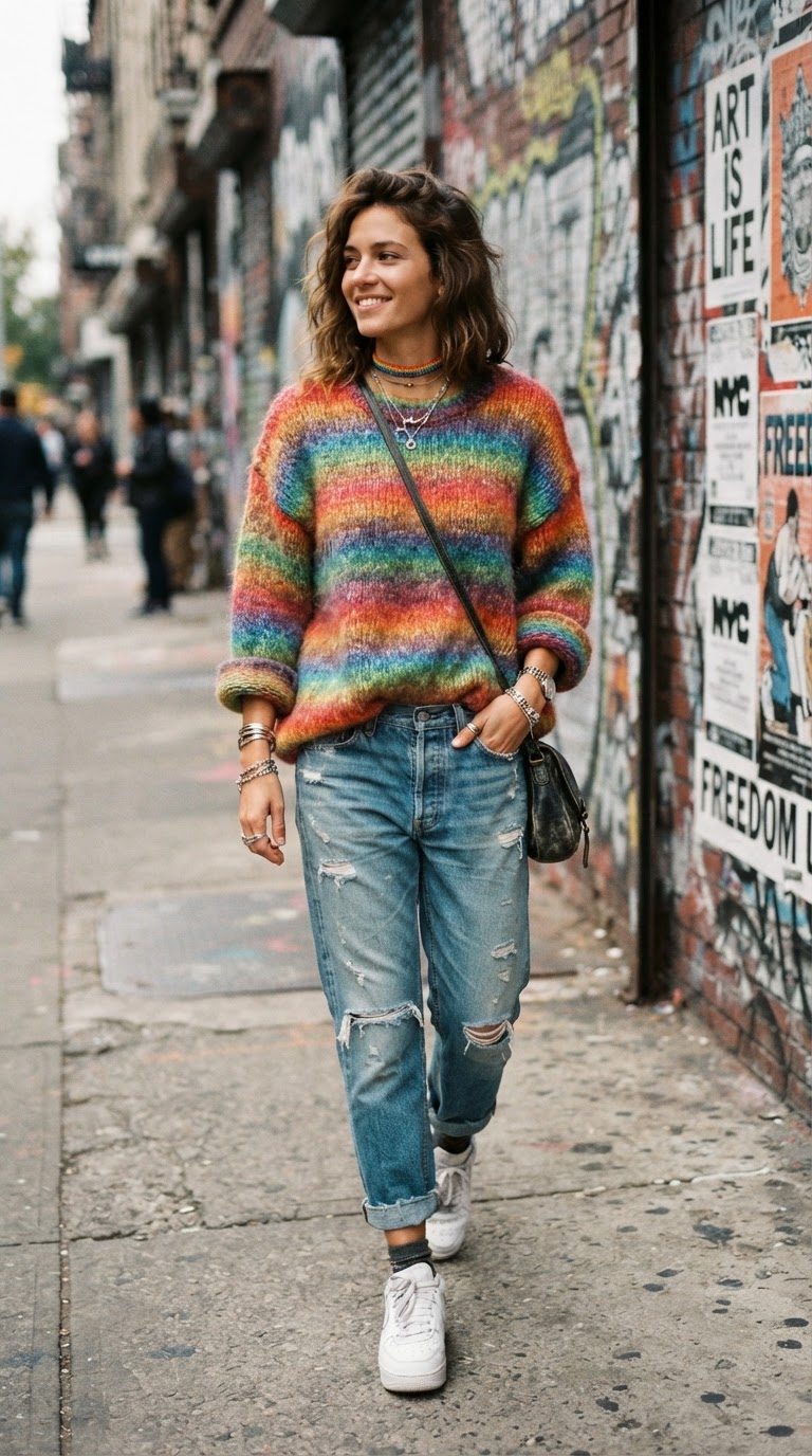 Woman in an oversized space-dyed rainbow sweater with distressed boyfriend jeans and a beaded choker on an urban street