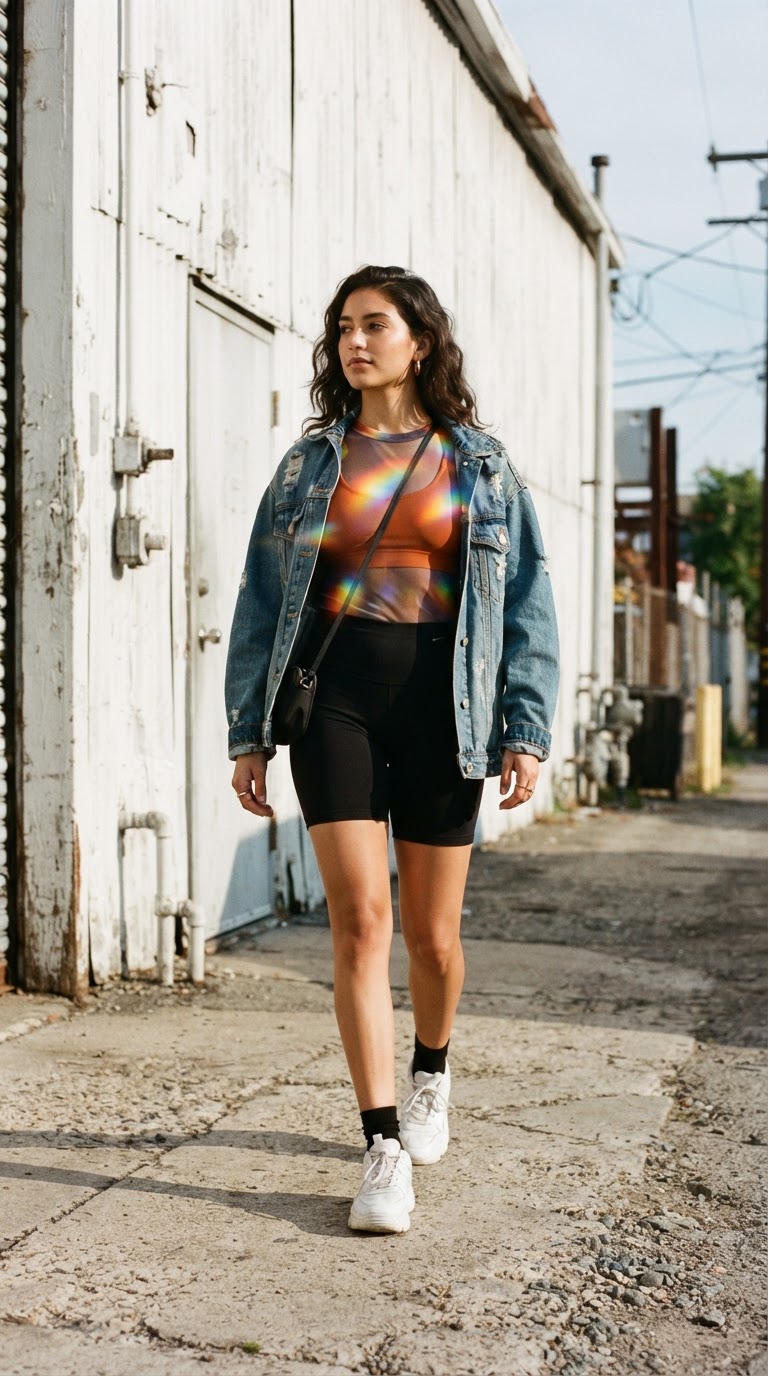 Woman in a transparent rainbow mesh top over an orange sports bra with black cycling shorts and a draped denim jacket