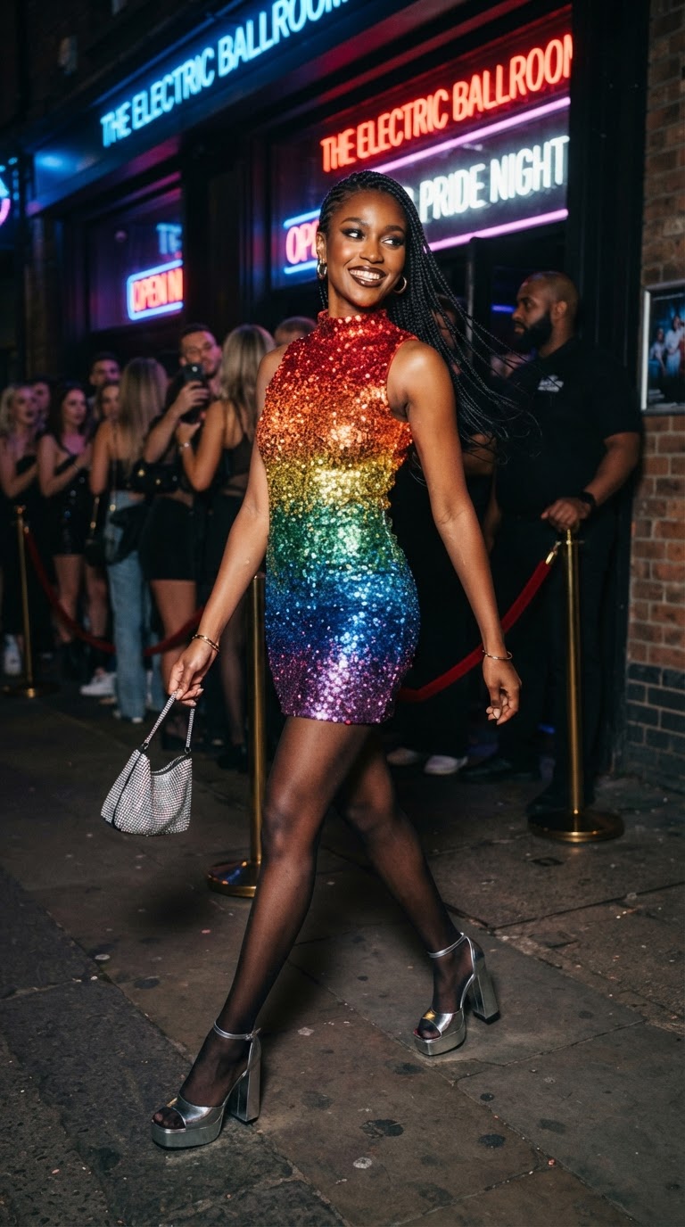 Woman in a rainbow ombre sequin mini dress with silver platform heels outside a nightclub entrance