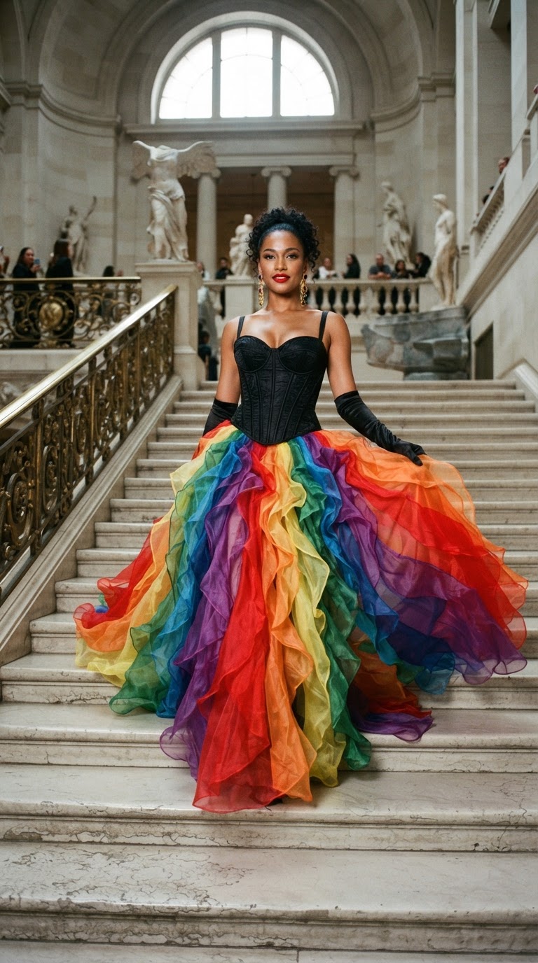 Woman in a floor-length gown with a black structured bodice and dramatic rainbow organza layered skirt on a grand marble staircase