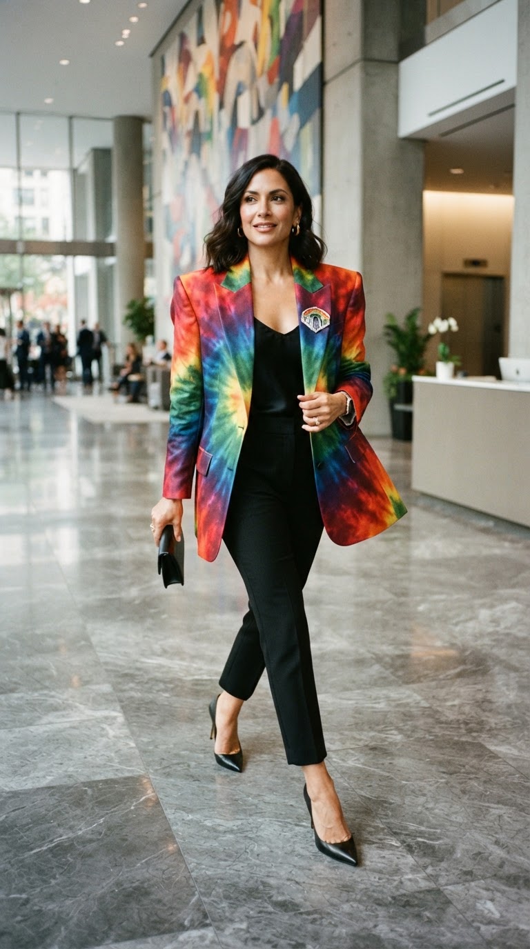 Woman in an oversized rainbow tie-dye blazer with a black silk camisole and tailored cigarette pants in a corporate lobby