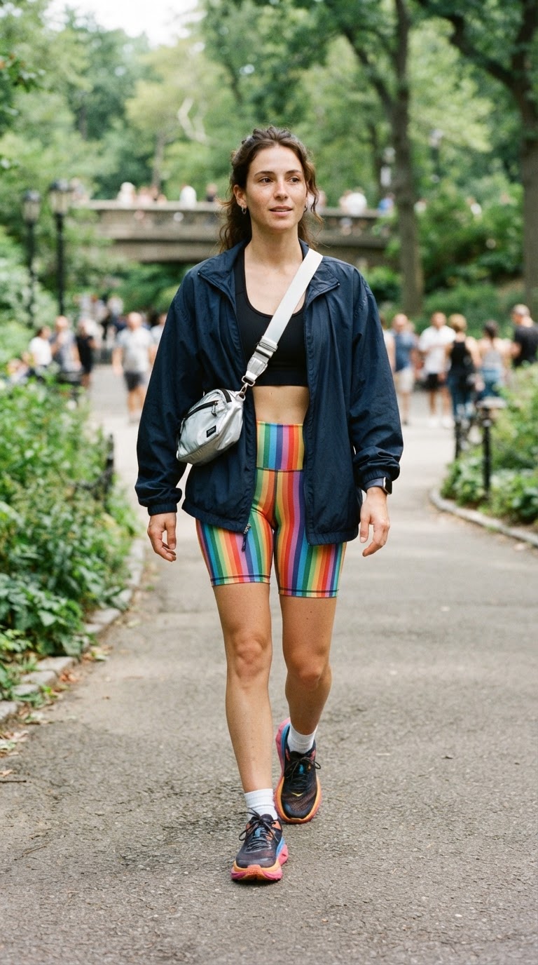 The Sporty Ally - Pride outfit idea featuring rainbow cycling shorts and oversized windbreaker