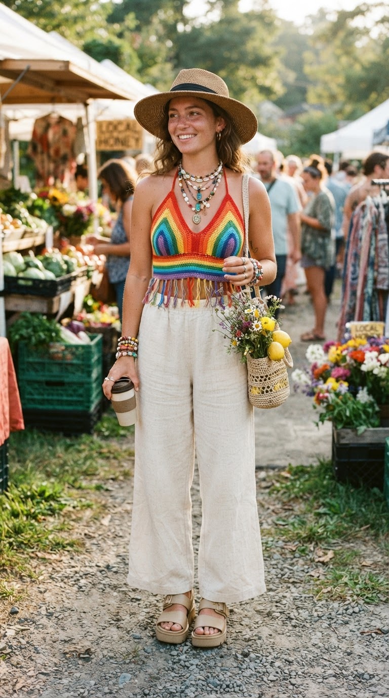 The Bohemian Spirit - Pride outfit idea featuring hand-crocheted rainbow halter with linen palazzo pants