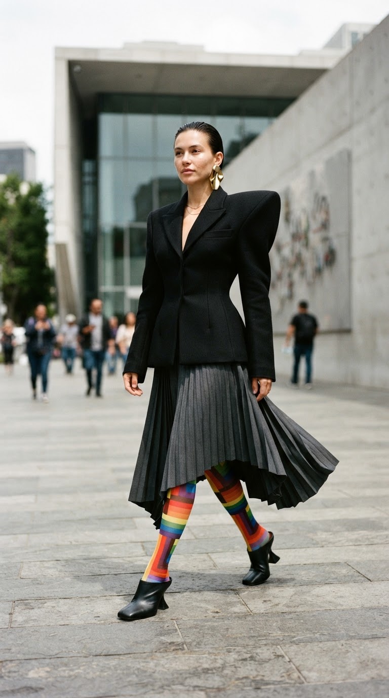 The Avant-Garde Architect - Pride outfit idea featuring exaggerated shoulders and sculptural pleats