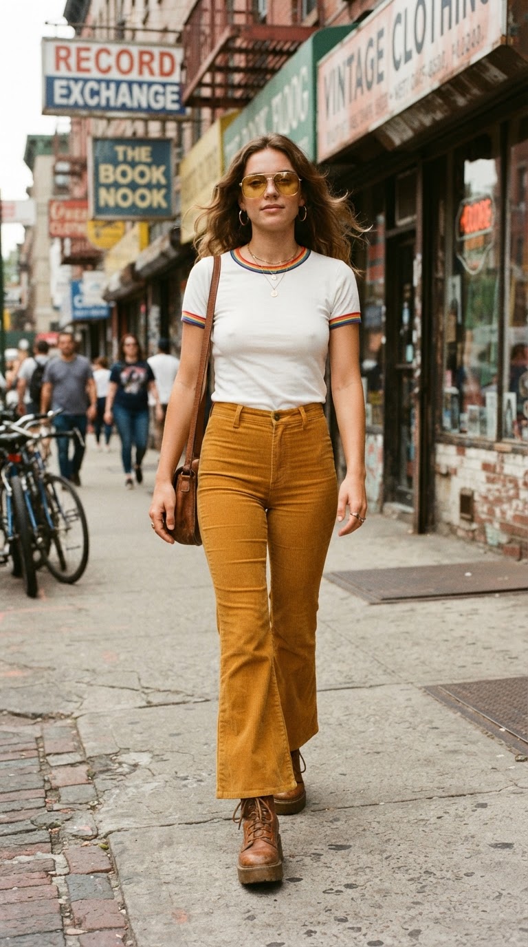 The Vintage Rebel - Pride outfit idea featuring 1970s corduroy flares with rainbow ringer tee