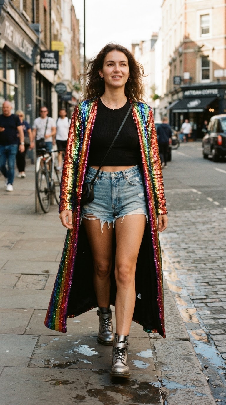 The Sequin Revolutionary - Pride outfit idea featuring full-length shimmer in rainbow ombré