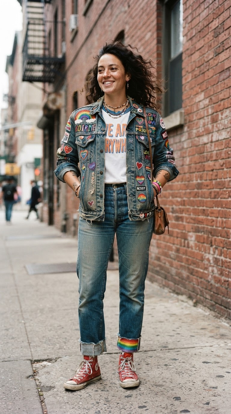 The Denim Maverick - Pride outfit idea featuring DIY patches and hand-painted rainbow cuffs
