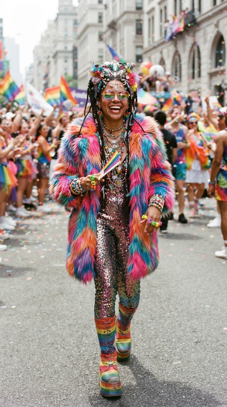 The Maximalist Rainbow - Pride outfit idea featuring faux fur coat over sequined jumpsuit — all the colors