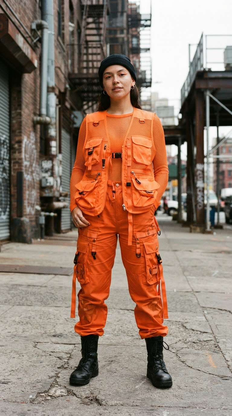 The Monochrome Activist - Pride outfit idea featuring full safety-orange with tactical edge