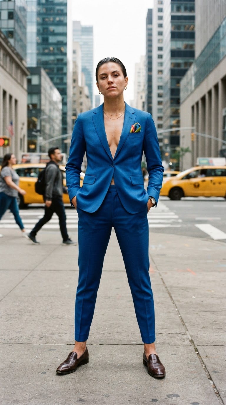 The Tailored Powerhouse - Pride outfit idea featuring electric blue power suit with editorial edge
