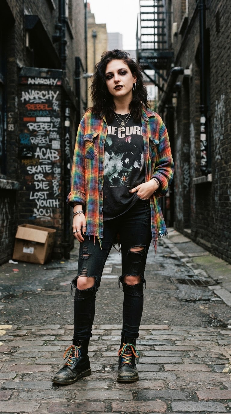 The Grunge Icon - Pride outfit idea featuring rainbow plaid flannel and worn-in Docs