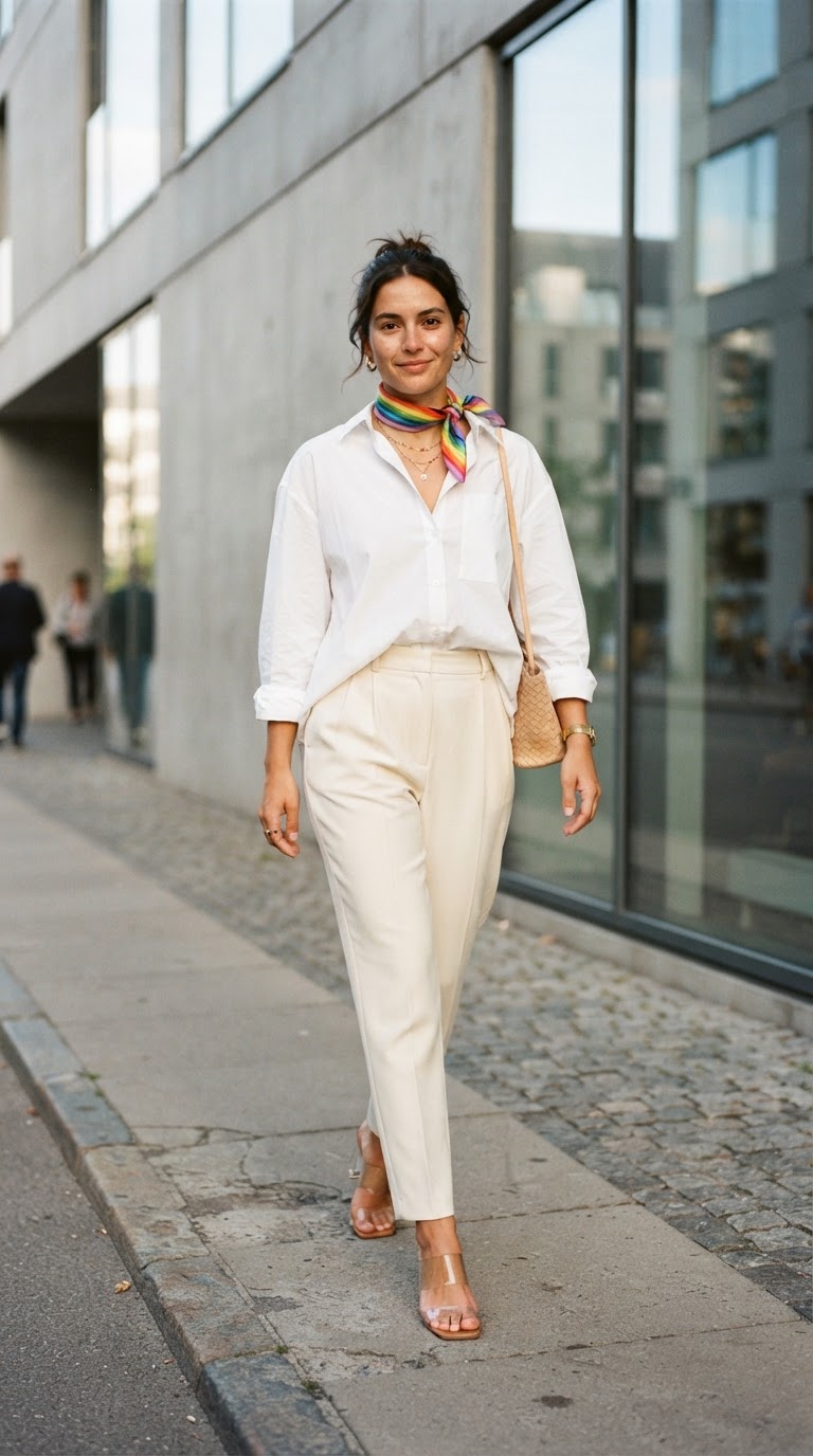 The Minimalist Monarch - Pride outfit idea featuring clean architectural neutrals with surgical color strikes