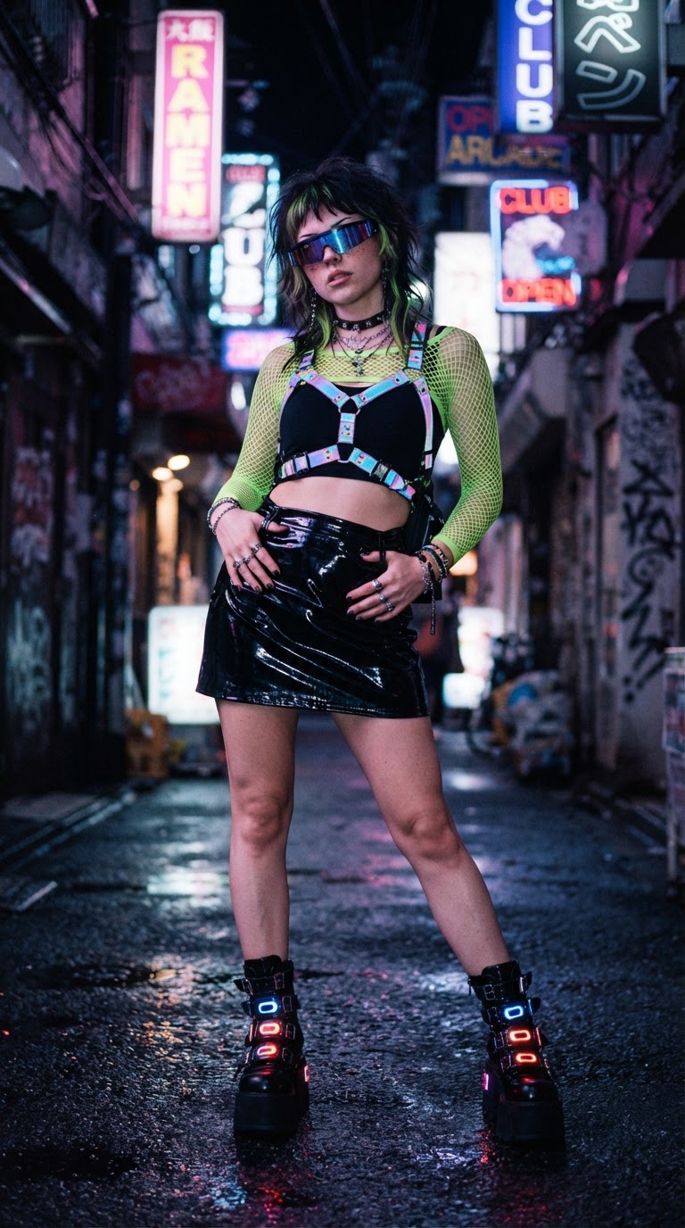 The Cyber-Punk Pioneer - Pride outfit idea featuring neon fishnet and vinyl with LED boots