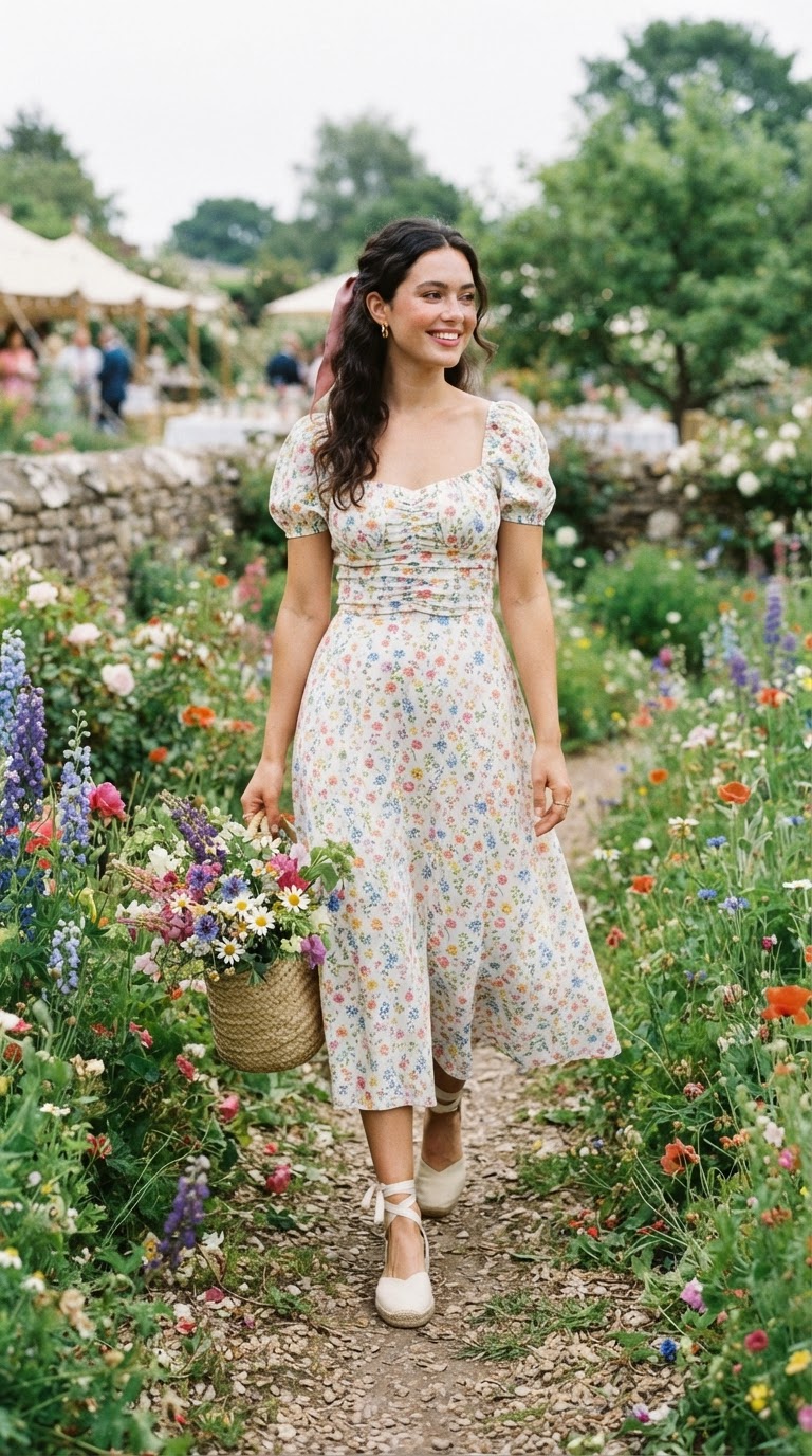 The Cottagecore Romantic - Pride outfit idea featuring milkmaid sundress with rainbow florals
