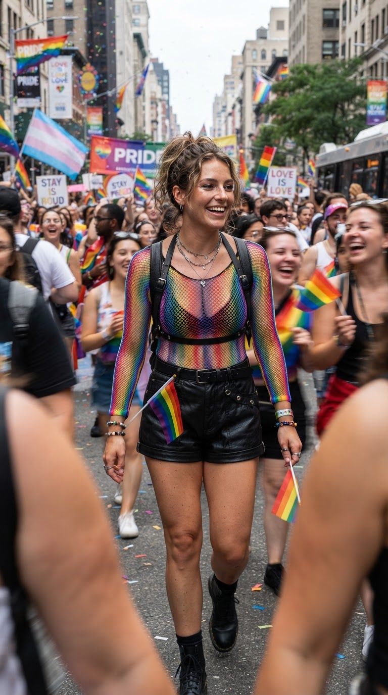 Pride event outfit idea: Mesh Rainbow Bodysuit & Leather Shorts