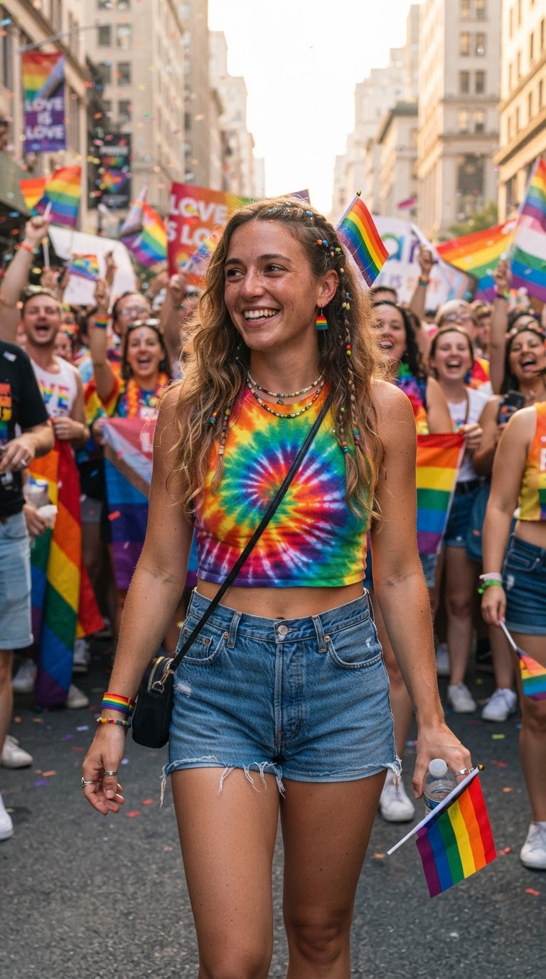 Pride event outfit idea: Denim Shorts & Tie-Dye Crop Top