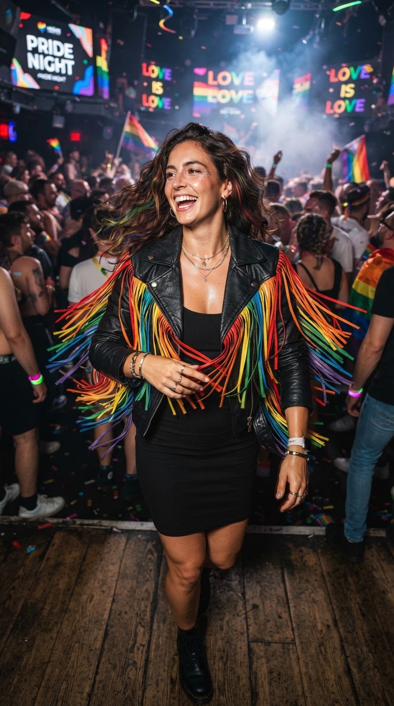 Pride event outfit idea: Rainbow Fringe Jacket Over Black Bodycon