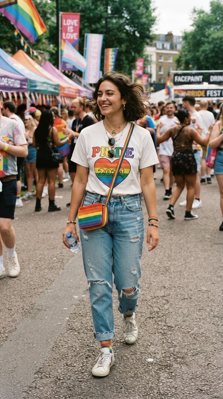 Pride event outfit idea: Casual Rainbow Graphic Tee & Boyfriend Jeans