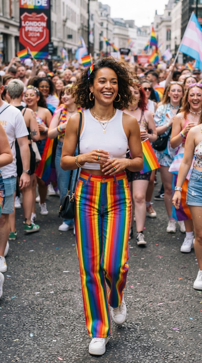 Pride event outfit idea: Rainbow-Striped Wide-Leg Pants & White Crop Top