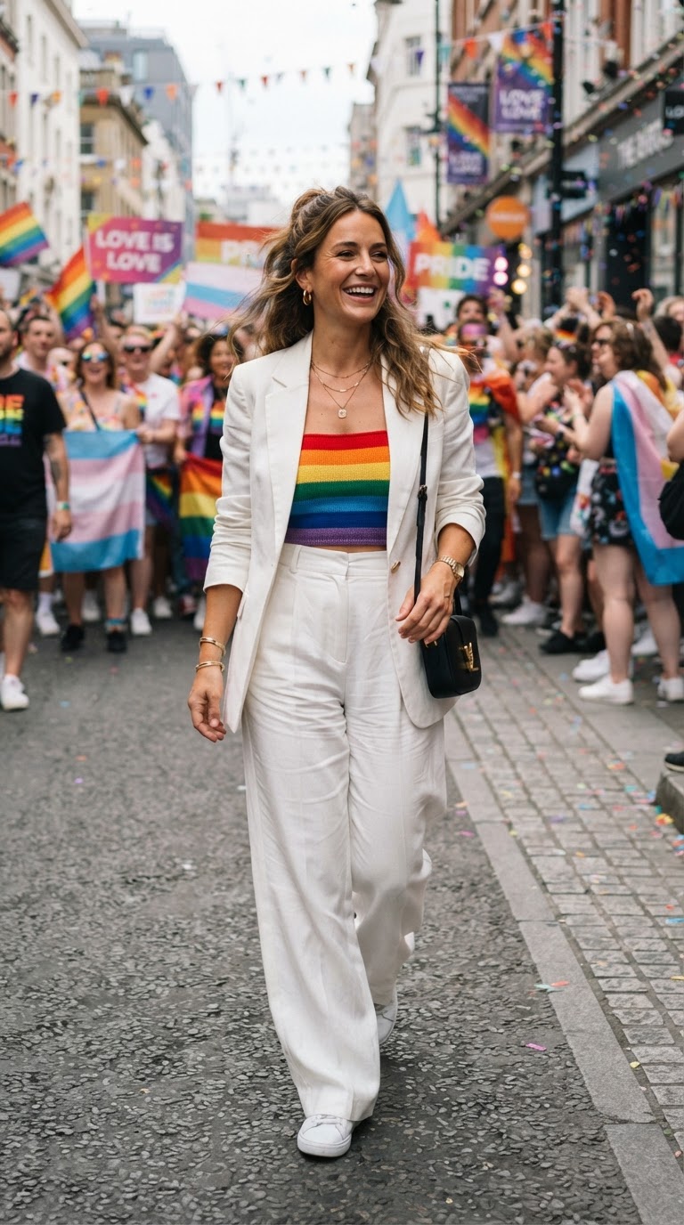 Pride event outfit idea: White Blazer Over Rainbow Bandeau