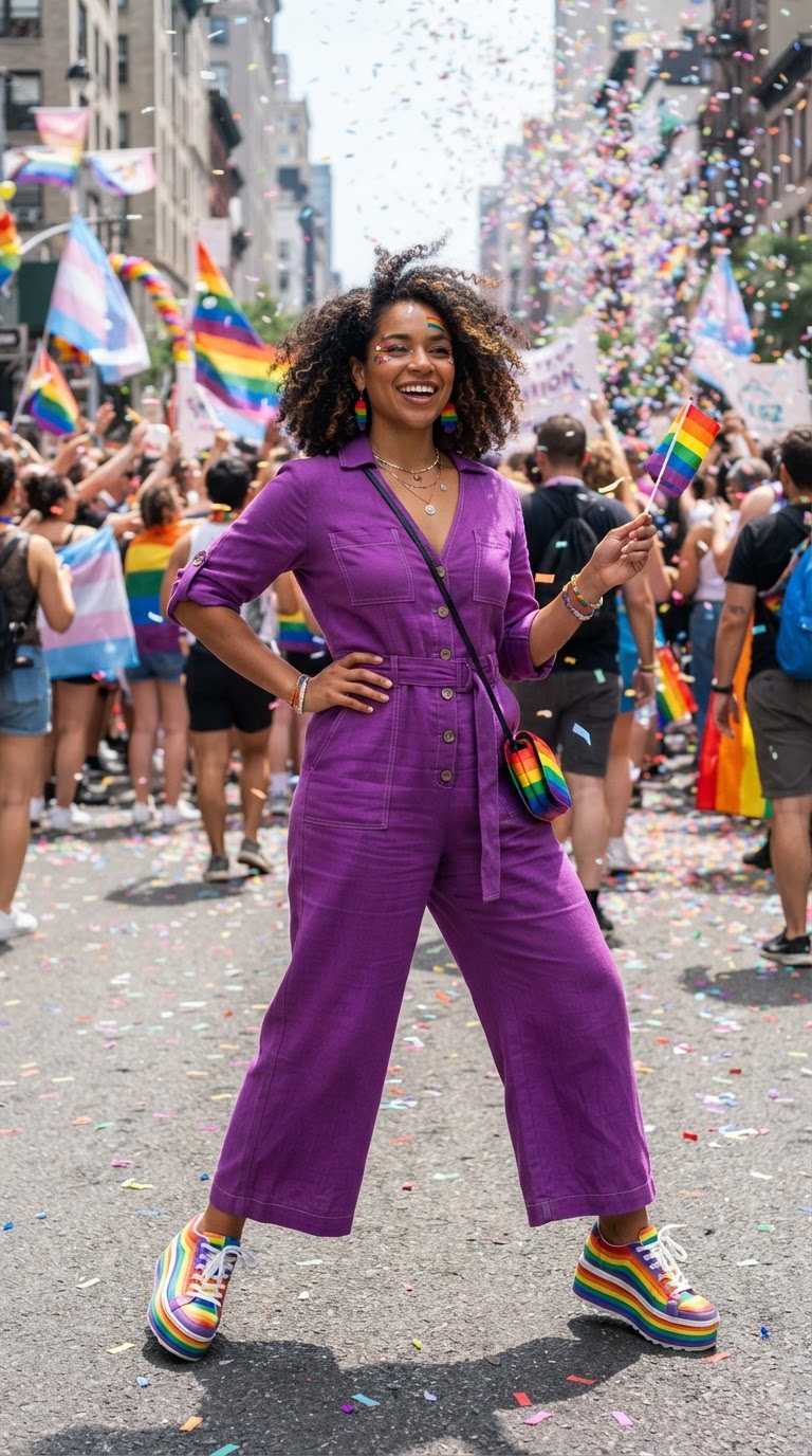 Pride event outfit idea: Bold Purple Jumpsuit with Platform Sneakers