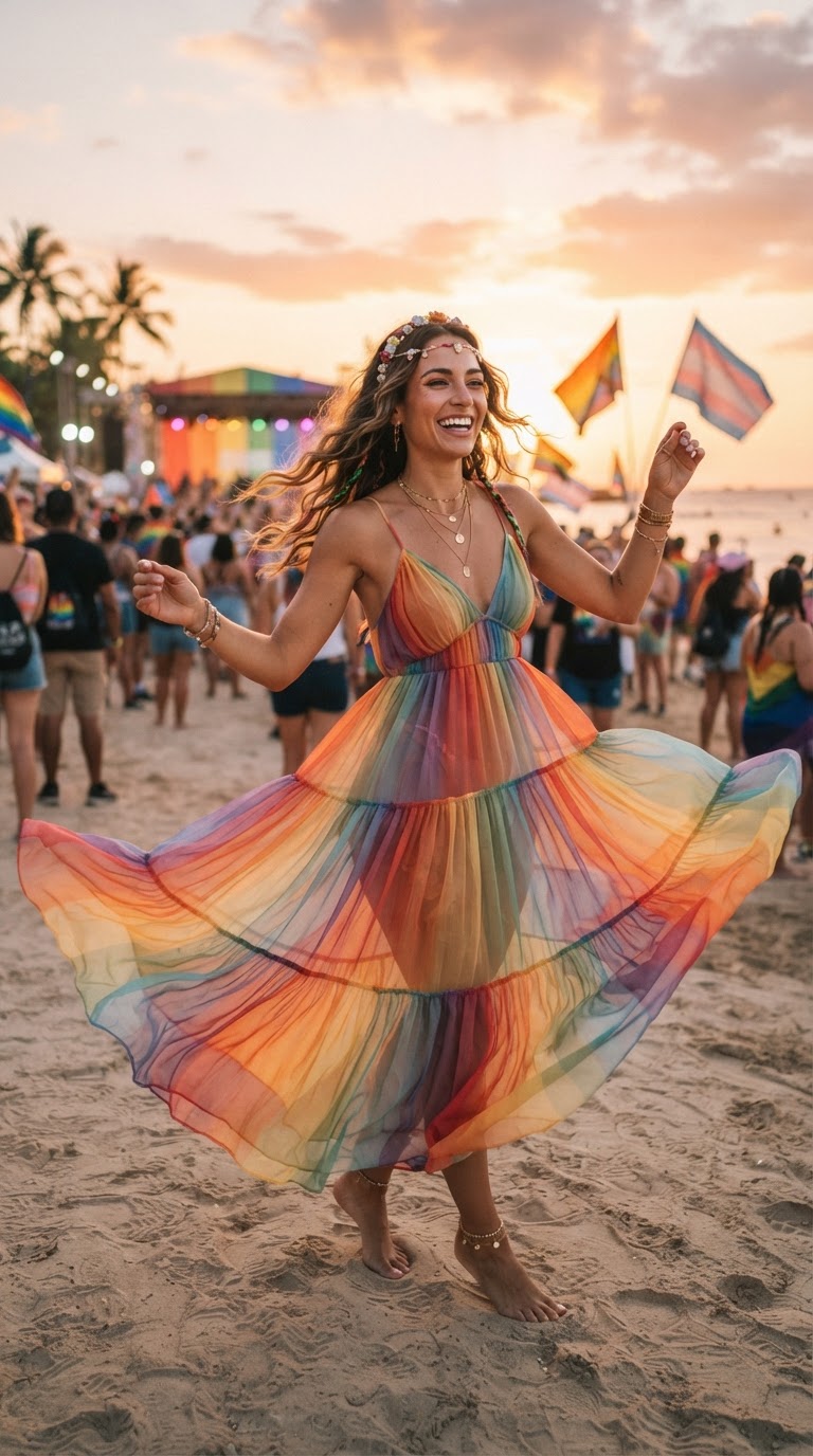 Pride event outfit idea: Flowy Rainbow Maxi Dress