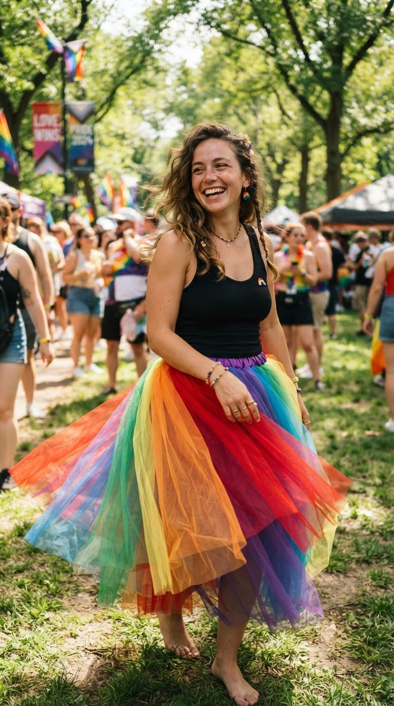 Pride event outfit idea: Colorful Tulle Skirt & Black Tank
