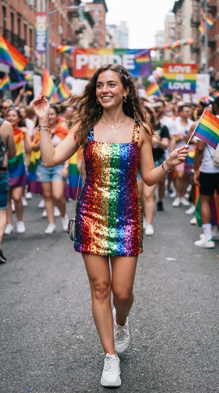 Pride event outfit idea: The Rainbow Sequin Mini Dress