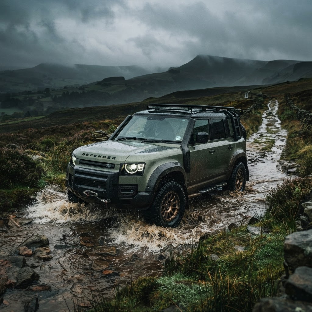 Bourn Defender fording a muddy Peak District green lane