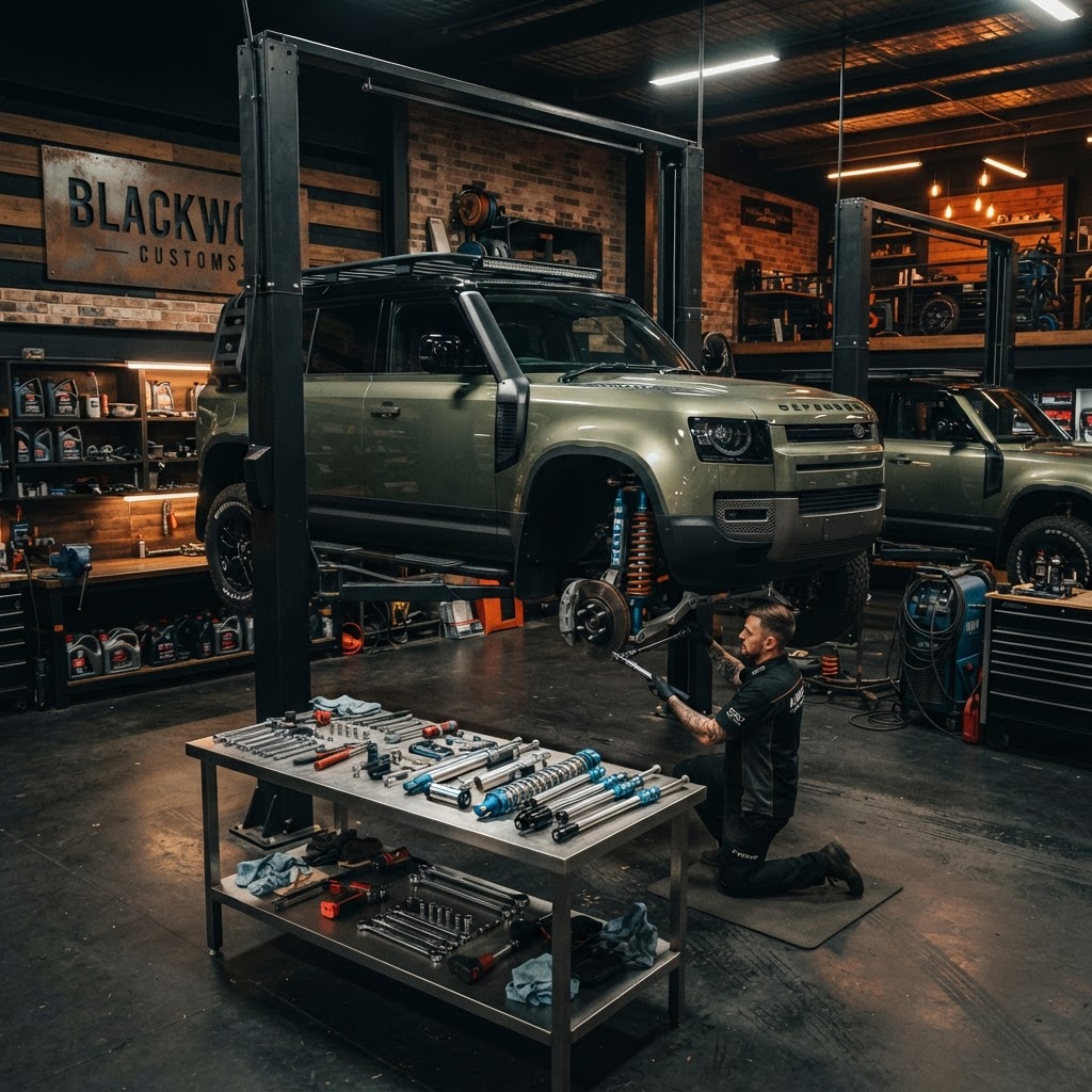 Bourn workshop — a Defender mid-build