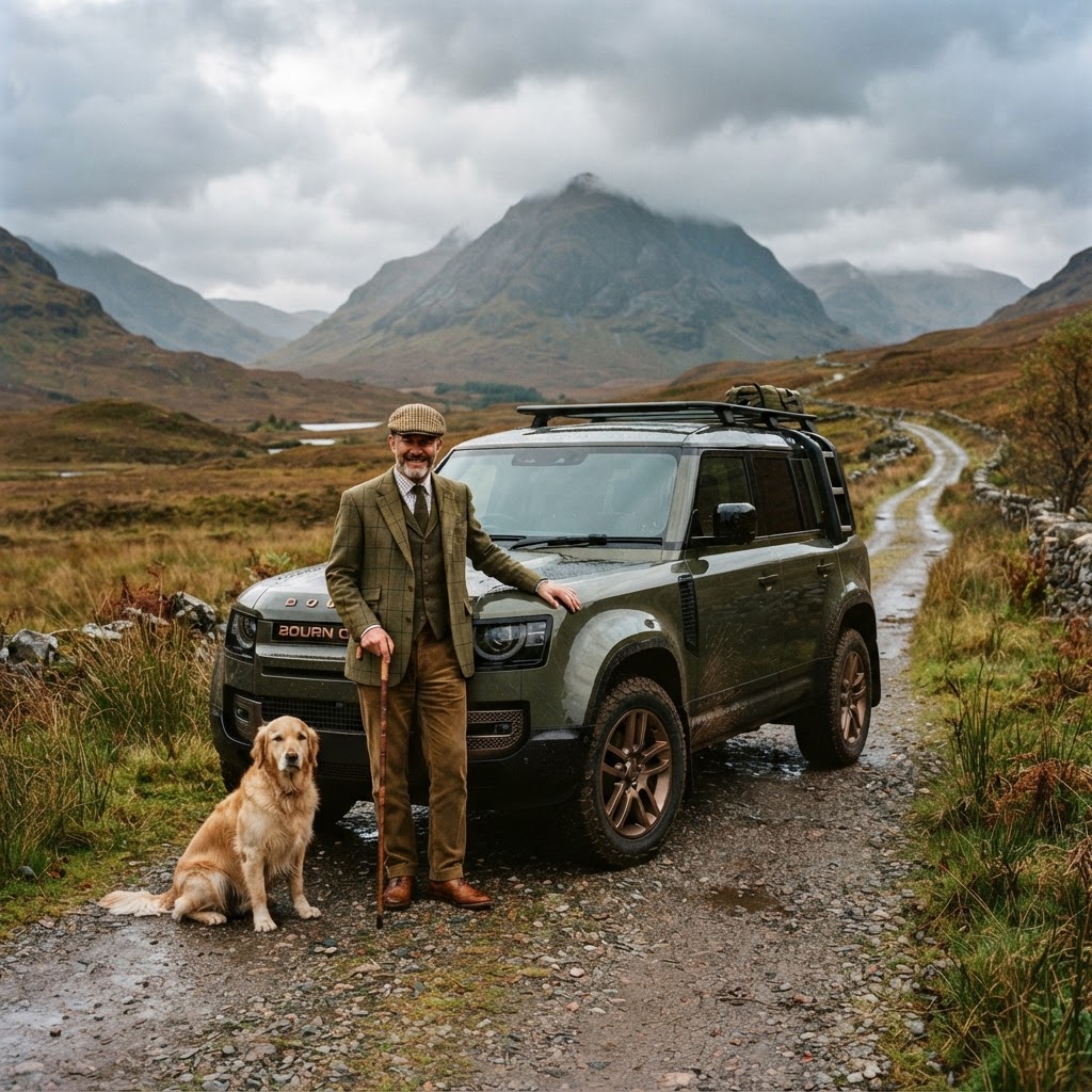 Country gentleman at his Bourn Defender on a Derbyshire estate