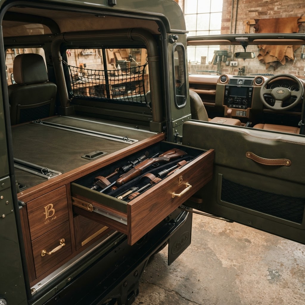 Bourn bespoke interior detail — hardwood drawers and velvet gun liner