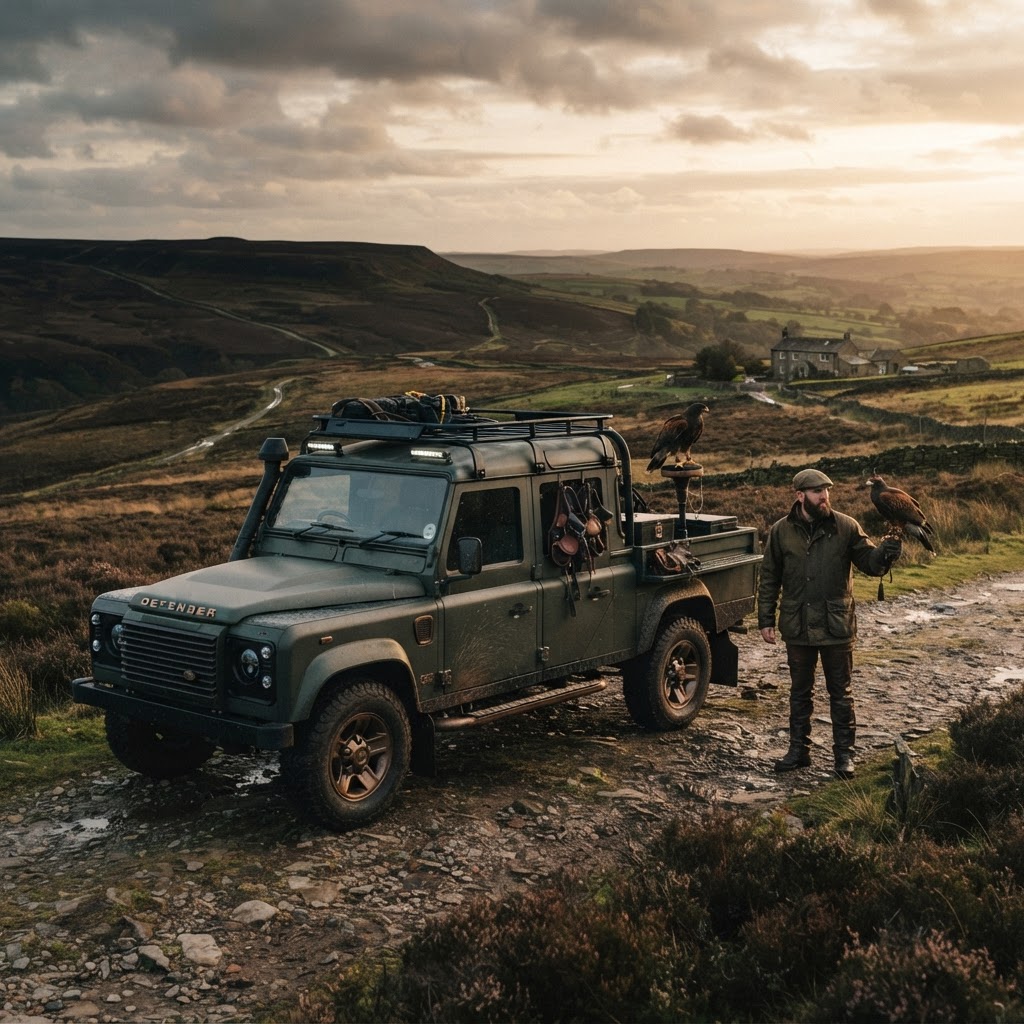 Bourn Defender fitted with a falconry perch on a Derbyshire moor
